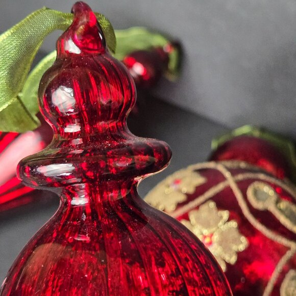 Frontgate Set of 3 Red Glass Finial Christmas Ornaments 8" Gold Glitter Accents - Picture 3 of 11